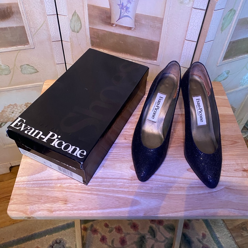 Vintage Evan Picone Women's Black Glitter Heels Size 8 M